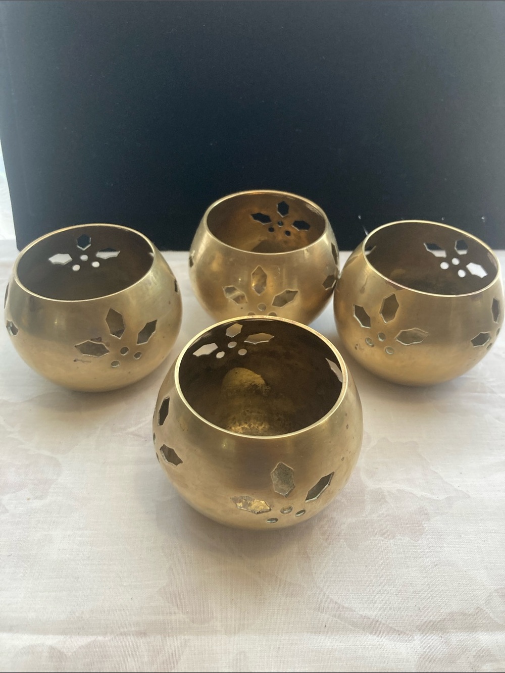 Brass Tealight Holders Set of 4 - Gold Floral Cutout